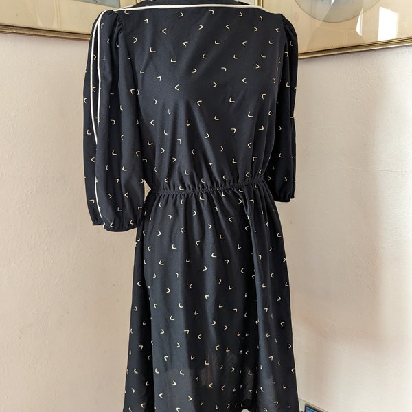 80s black pattered dress with sleeve details
