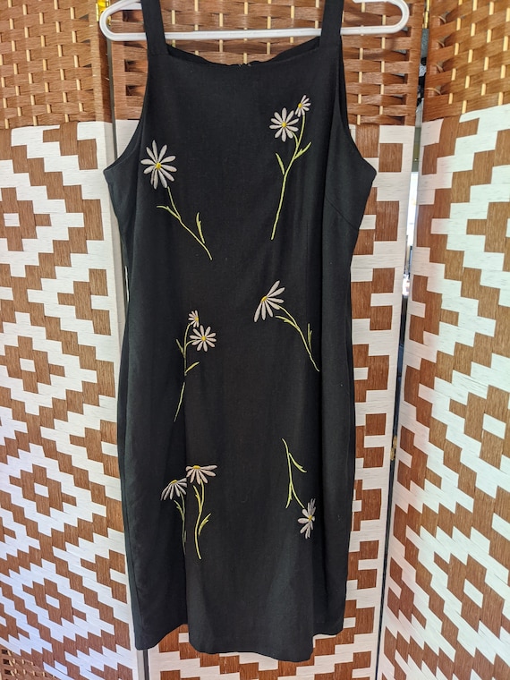 Black linen and rayon embroidered dress