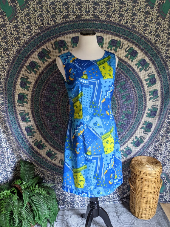 Blue and yellow shift dress