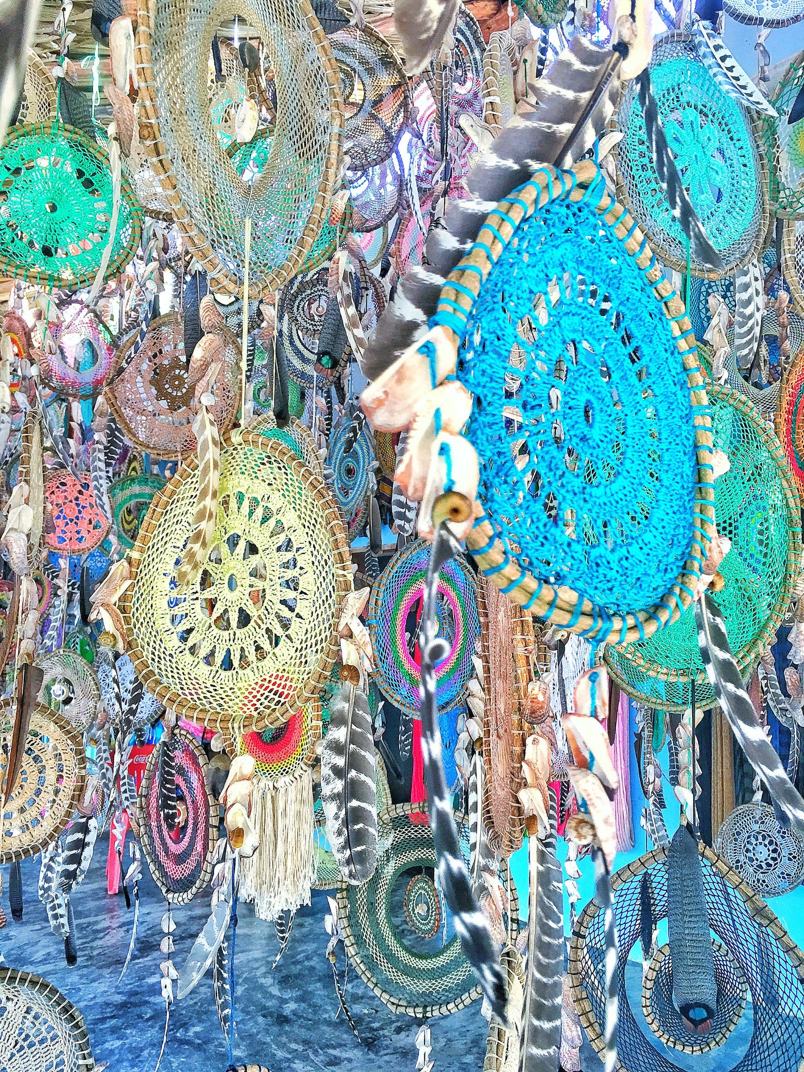 Handmade Crochet Mayan Dream Catcher Turquoise Hot Pink With Metallic