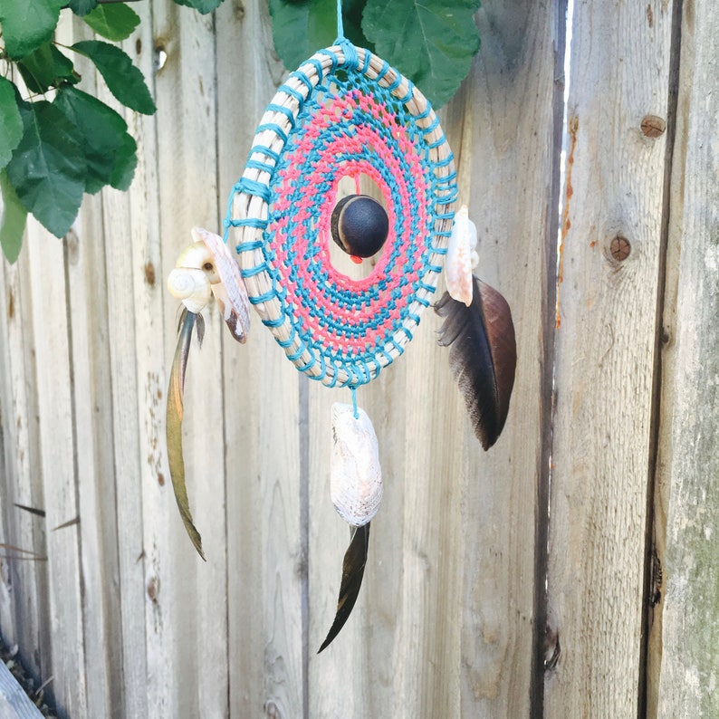 Handmade Crochet Mayan Dream Catcher Turquoise Hot Pink With Metallic