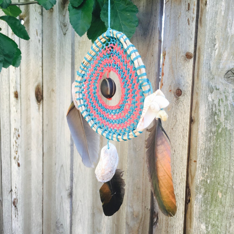 Handmade Crochet Mayan Dream Catcher Turquoise Hot Pink With Metallic