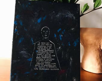 Black abstract painting with silver, blue and poetry - "Una Responsabile Esistenza"