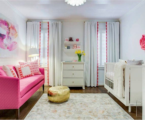 White Curtains Pink Trim Nursery Curtain Pink Coral Curtains Etsy