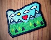Oregon Patch FREE SHIPPING Iron-On Patch Embroidered Patch Cascade Mountains Shape of Oregon Diecut Patch Sisters Wilderness