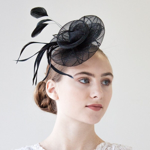 Small Black Fascinator with Feathers, Kentucky Derby Fascinator Hat, Tea Party Hat, Formal Headpiece, Cocktail Hat