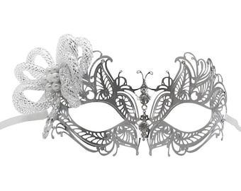 Silver Butterfly Metal Masquerade Mask with Flower Accent, Women's Masquerade Ball Mask, Wedding Masquerade, Filligree Mask for Women