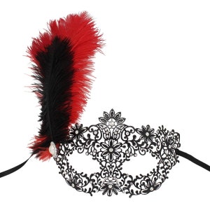 Black Masquerade Women&#39;s Mask with Feathers, Black and Red Masquerade Ball Mask, Costume Party Filigree Mask, Quinceañera Masquerade Mask