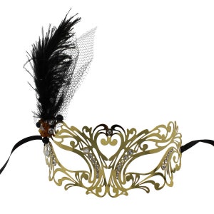 Gold & Black Mesh Metal Feather Masquerade Mask with Amber Flower, Women&#39;s Masquerade Ball Mask, Masquerade Party,