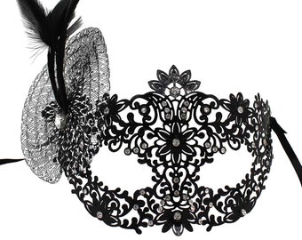 Black Masquerade Women's Mask with Feathers, Metal Laser Cut Filigree Masquerade Ball Mask, Costume Party Mask, Sexy Masqurade Prom Mask