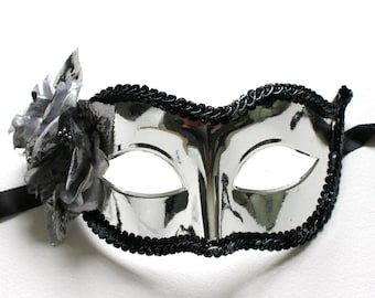 Chrome Masquerade Mask with Rose Flower, Masquerade Mask for Women, Masquerade Ball & Party Mask, Shiny Mask, Costume Mask