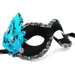 Black Masquerade Mask with Blue Feathers, Masquerade Mask for Women, Masquerade Party Mask, Unique Mask, Blue Masquerade Mask