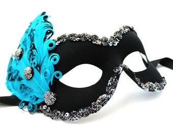 Black Masquerade Mask with Blue Feathers, Masquerade Mask for Women, Masquerade Party Mask, Unique Mask, Blue Masquerade Mask