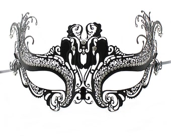 Black Metal Masquerade Mask with Crystals, Costume Ball Mask, Masquerade Metal Mask, Laser Cut Mask, Party Mask