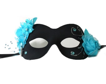 Black and Turquoise Masquerade Mask for Women with Flowers, Masquerade Ball & Party Mask, Unique Sexy Mask, Costume Mask