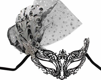 Masquerade Black Laser Cut Mask, Mask with Exotic Feathers, Mask for Women, Women's Party Mask