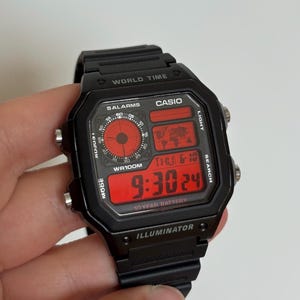 Modified Watch based on Casio AE-1200 Black Red Screen Men Gift