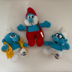 Vintage Happy Meal Toys Smurf set of 3 McDonald&#39;s Toy Collectible 2000 Blue Creatures Drawfts Soft Toys with Bag and Coat