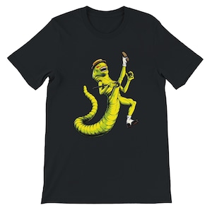 May include: Black t-shirt featuring a cartoon worm character playing a guitar. The worm is yellow-green with a hat, socks, and shoes. The guitar is brown. The design is centered on the shirt.