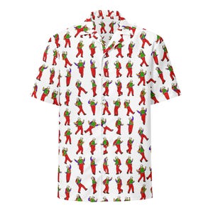 May include: White button-up shirt with a repeating pattern of cartoon figures in red pants, green shirts, and white hats. The figures are in various poses, with black outlines and colorful accents.