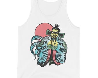 May include: White tank top featuring a colorful illustration of an Asian figure with a red sun in the background. The figure is wearing a detailed robe with blue, green, and yellow accents. The design has a vintage, artistic style.