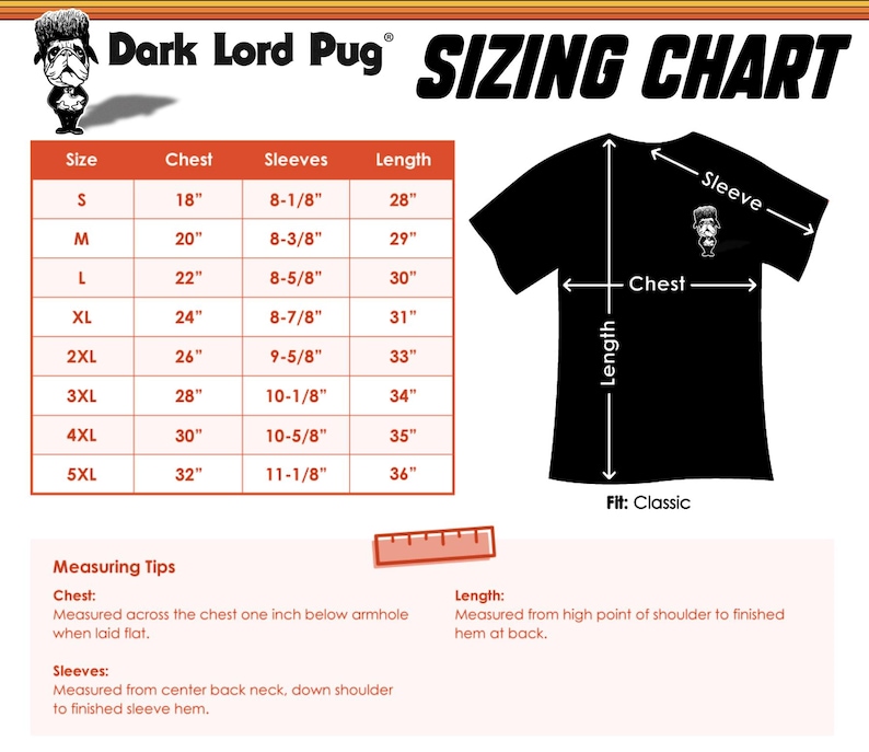 the size chart for a dark lord pug t - shirt