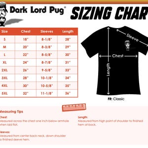 the size chart for a dark lord pug t - shirt