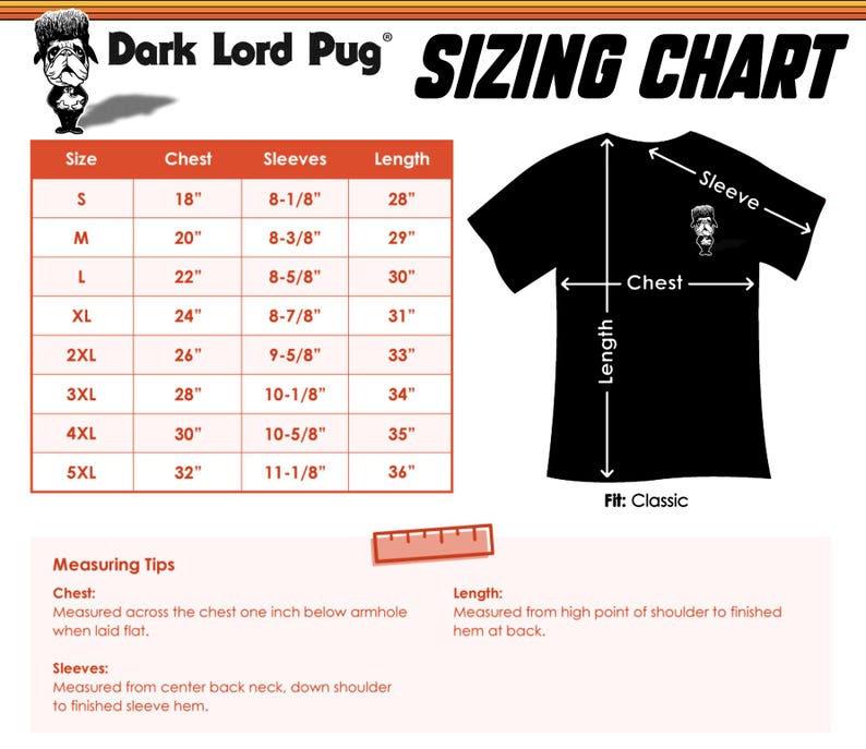 the size chart for a dark lord pug t - shirt