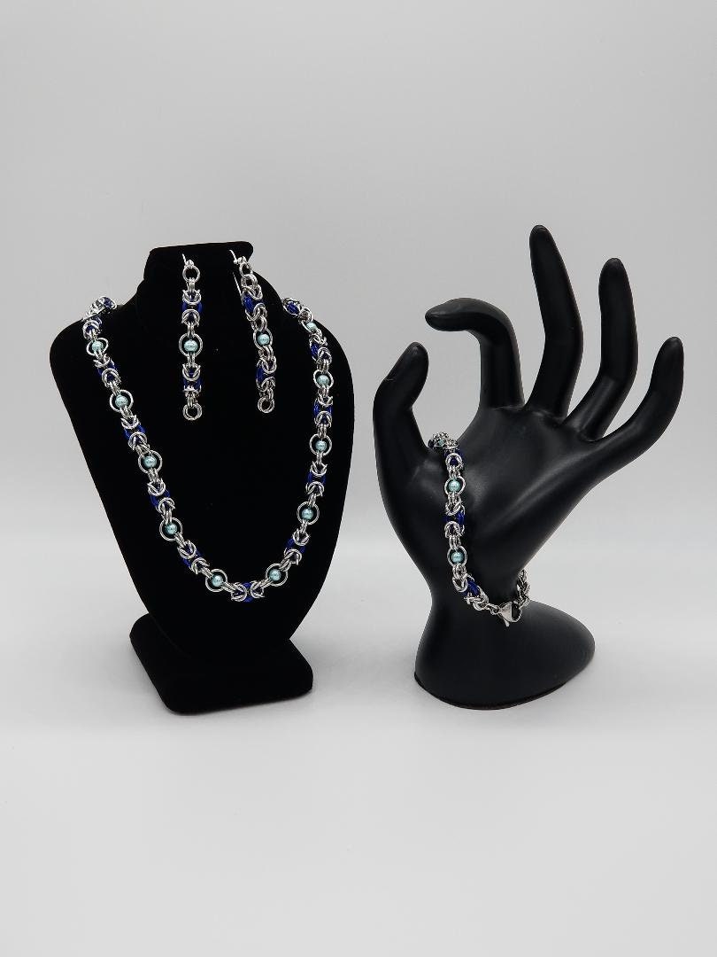 Silver and Blue Floating Bead Byzantine Chainmaille Bracelet Etsy