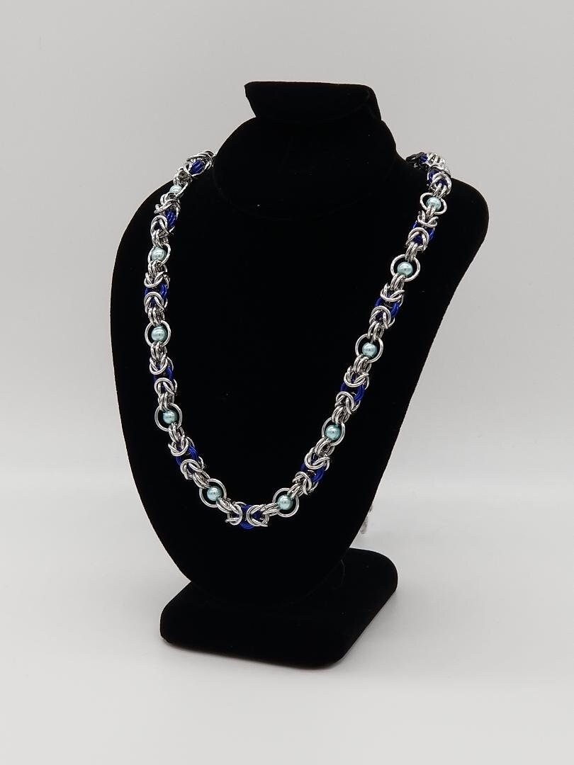 Silver and Blue Floating Bead Byzantine Chainmaille Bracelet Etsy