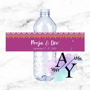 Printable Custom Water Bottle Labels | Mehndi | Sangeet | Indian Wedding | Henna Party | Reception | Engagement