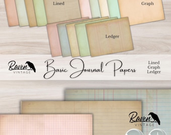 May include: A digital download of vintage journal papers in lined, graph, and ledger styles. The papers are in various shades of brown, pink, blue, and green. The text "Basic Journal Papers" is written in cursive on a wood background.