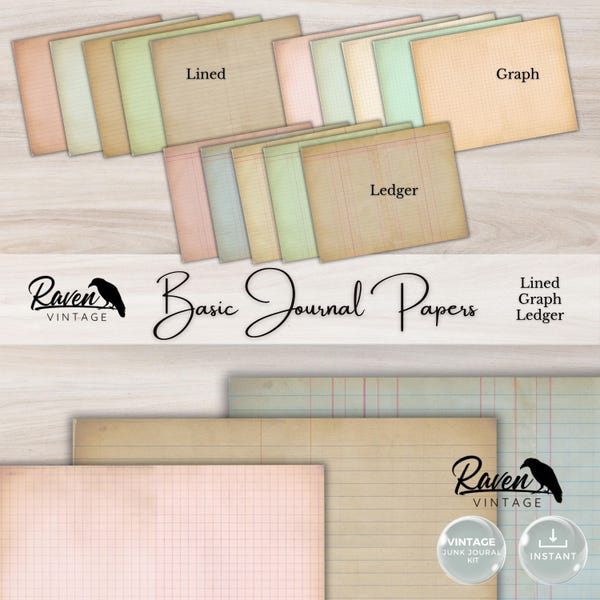 Basic Journal Pages - Lined Graph Ledger: Vintage Junk Journal Printable Kit