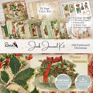 Kit diario di Natale vecchio stile, download digitale, effimeri natalizi, cartolina natalizia vintage, carta alta natalizia con taglio fuzzy