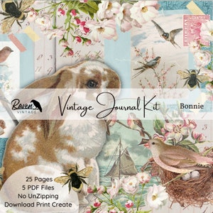Bonnie - Junk Journal Printable, GROSSES DIGITALES KIT, Ephemera, Umschläge, Tags, Rosa, Blau, Frühlingsblüten, Shabby Chic, Florals, 25 Seiten