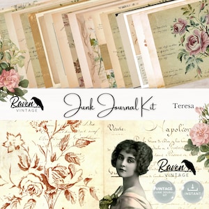May include: A junk journal kit with vintage papers, featuring floral and handwritten elements. The kit includes pages with roses, script, and a vintage woman's portrait. The text "Junk Journal Kit" and "Raven Vintage" are also visible.