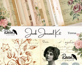 May include: A junk journal kit with vintage-style papers, featuring floral and handwritten elements. The kit includes pages with roses, script, and a vintage woman's portrait. The text "Junk Journal Kit" and "Raven Vintage" are also visible.