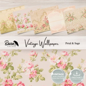 Bloemblaadje & salie vintage behang digitale kit voor ongewenste tijdschrift afdrukbare ephemera papier shabby chic bloemen collage afdrukbare download