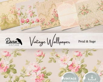 May include: A digital download of vintage floral wallpaper patterns in pink, green, and cream colors. The patterns feature a repeating floral design with a sage green background. The text "Vintage Wallpaper" and "Petal & Sage" is displayed on the image.