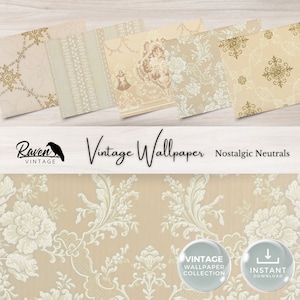 Kit digital de papel de parede vintage nostálgico neutro para diário de lixo, papel para itens efêmeros imprimíveis, colagem floral chique e surrada para download