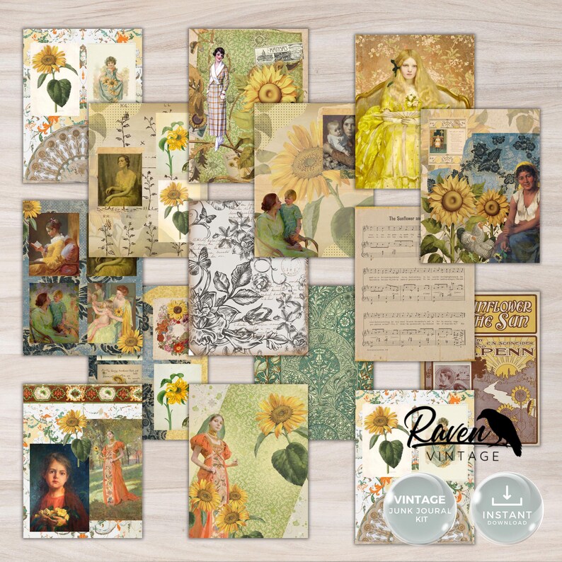 Sunflower - Junk Journal Kit Printable Vintage Papers and Ephemera - Etsy