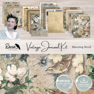 Kit de diario imprimible con paseo matutino, fotografía vintage digital, tema de la naturaleza, pájaro azul, mariposa, libélula, efímera, página de diario alta