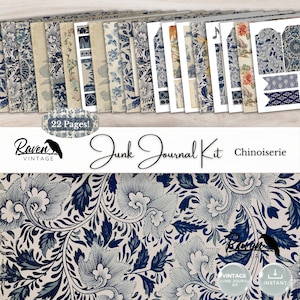 Kit digitale Chinoiserie, diario di scarto, effimero stampabile, motivo floreale blu e bianco in porcellana vintage, busta, etichetta, linguetta, pagine a righe