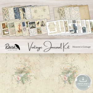 Heaven's Cottage - Junk Journal imprimible, KIT DIGITAL GRANDE, páginas de patrones, papeles de diario, material efímero, sobres, etiquetas, pestañas, azul, 23 páginas