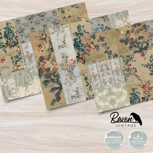 WALLPAPER SAMPLER - Rococo Summer, Sample Set, Collage, Junk Journal Printable, Blue, Grey, 5 JPGs, Digital, Grunge, Vintage, 8.5 x 11