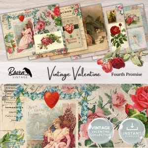 Vintage Valentinstag Digital Kit für Junk Journal Printable Ephemera Shabby Chic Rose Collage Papier Download - Viertes Versprechen