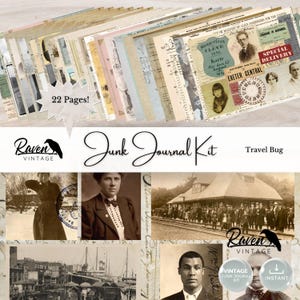 Travel Bug - Junk Journal imprimable, kit numérique, passeports vintage et photos, 22 pages