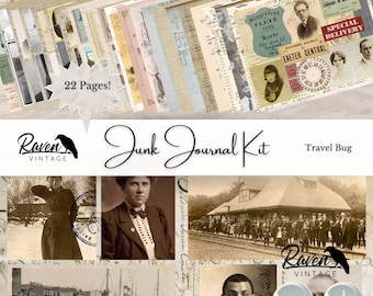 May include: A digital junk journal kit with 22 pages featuring vintage travel and transportation themed images. The kit includes images of trains, boats, and people from the early 1900s. The kit is titled "Travel Bug" and is a digital download.