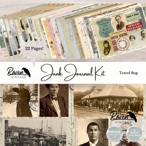 Travel Bug - Junk Journal Kit Printable Vintage Papers and Ephemera, Passports and Photos