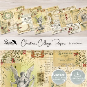 Páginas de collage navideño "En las noticias", imprimibles para diario basura, 5 papeles digitales, manualidades de papel, hoja de collage, 11 x 8,5, vintage, neutrales
